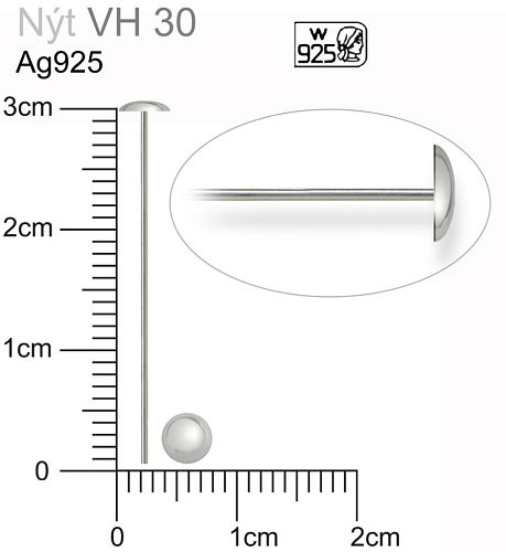 Ketlovací NÝT s velkou HLAVOU ozn. VH 30. Velikost hlavy 4,5mm síla drátu 0,8mm. Materiál AG925 váha 0,23g.