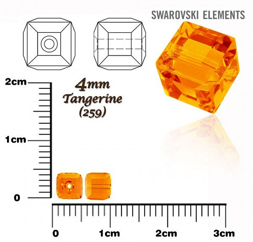 SWAROVSKI CUBE Beads 5601 barva TANGERINE (259) velikost 4mm.