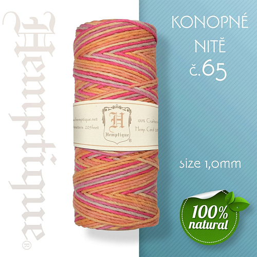 Konopná nit HEMP CORD síla nitě 1,0mm. METRÁŽ Barva č.65 Červeno-Oranžová