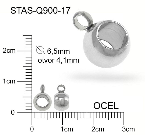 Korálek s OČKEM  CHIRURGICKÁ OCEL ozn.-STAS-Q900-17. velikost pr.6,5mm (korálek) otvor v korálku 4,1mm.