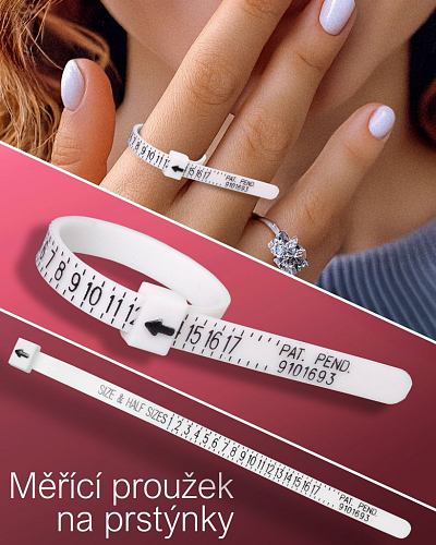Měřící proužek na prstýnky. Materiál plast. Velikost šířka 5mm délka 12cm. Proužek pro zjištění vhodné velikosti prstenu.