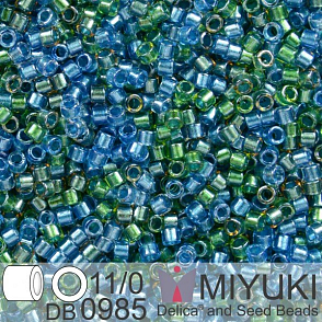 Korálky Miyuki Delica 11/0. Barva Spkl Lined Caribbean Mix (blue green) DB0985. Balení 5g.