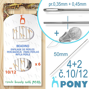 Sada JEHEL na navlékání korálků PONY č.10/12 balení 6Ks (4+2) + navlékáček. Síla jehly 0,45+0,35mm délka 55/50mm.