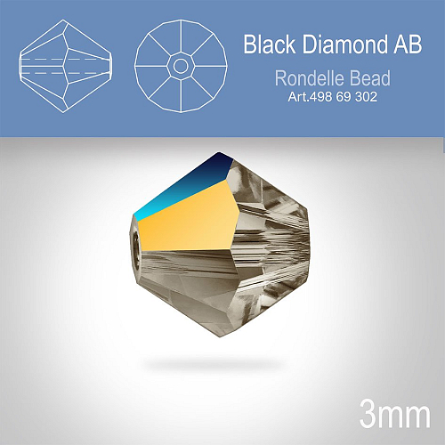 PRECIOSA Bicone (sluníčko) velikost 3mm. Barva BLACK DIAMOND AB. Balení 40ks