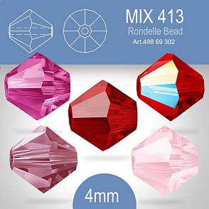 PRECIOSA Bicone (sluníčko) velikost 4mm. Barva MIX 413 Light Rose, Fuchsia, Siam, Siam AB, Light Burgundy. Balení 30ks (5X6ks)