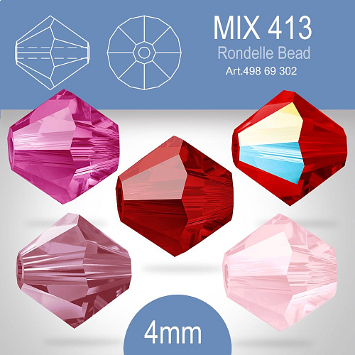 PRECIOSA Bicone (sluníčko) velikost 4mm. Barva MIX 413 Light Rose, Fuchsia, Siam, Siam AB, Light Burgundy. Balení 30ks (5X6ks)