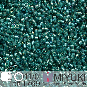Korálky Miyuki Delica 11/0. Barva Sparkling Aqua Green Lined Teal AB DB1769. Balení 5g