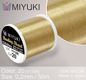 Nylonová nit značky MIYUKI. Barva č. 20 Tan. Materiál 330DTEX (0,2mm). Balení 50m. 