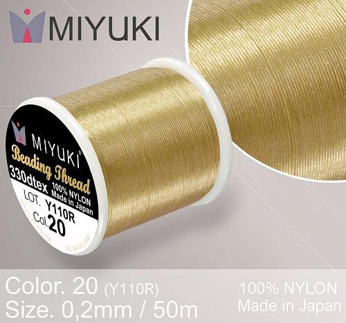 Nylonová nit značky MIYUKI. Barva č. 20 Tan. Materiál 330DTEX (0,2mm). Balení 50m.