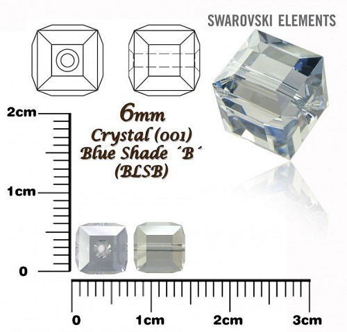 SWAROVSKI ELEMENTS CUBE Beads 5601 barva CRYSTAL BLUE SHADE ´B´velikost 6mm.