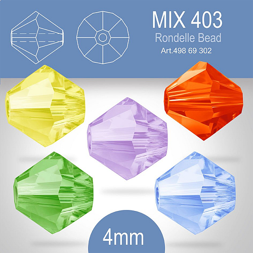 PRECIOSA Bicone (sluníčko) velikost 4mm. Barva MIX 403 Citrine, Hyacinth, Violet, Peridot, Light Sapphire . Balení 30ks (5X6ks)