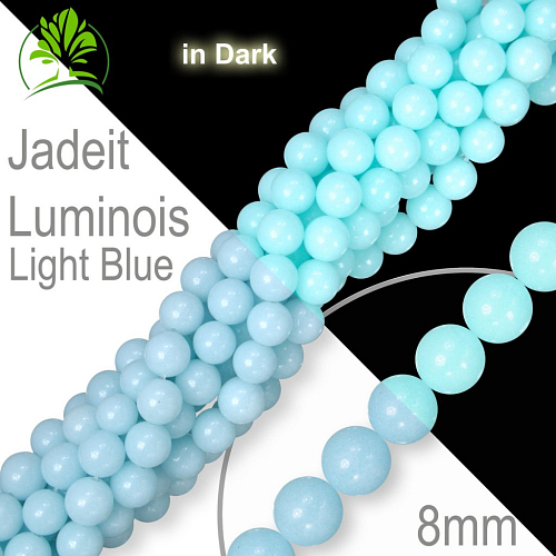 Korálky z minerálů Jadeit Luminois Light Blue Velikost pr.8mm. Balení 10Ks. Korálky ve tmě fosforeskují (svítí). 