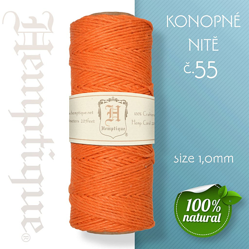 Konopná nit HEMP CORD síla nitě 1,0mm. METRÁŽ Barva č.55 Oranžová