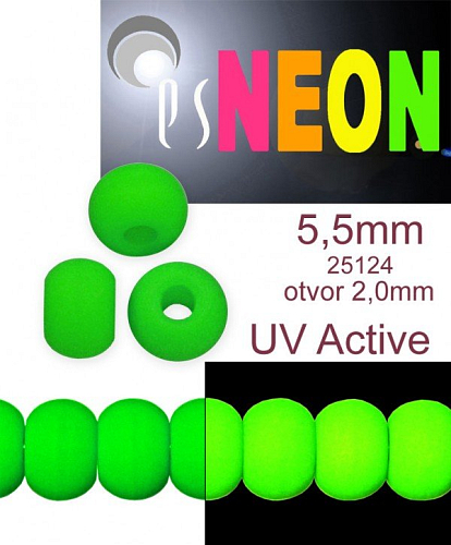 Korálky NEON (UV Active) BAVORÁK velikost pr.5,5mm tl.4,0mm barva 25124 ZELENÁ. Balení 21Ks. 