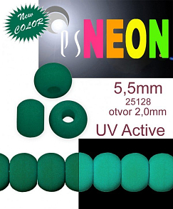 Korálky NEON (UV Active) BAVORÁK velikost pr.5,5mm tl.4,0mm barva 25128 ZELENÁ SMARAGDOVÁ. Balení 21Ks. 