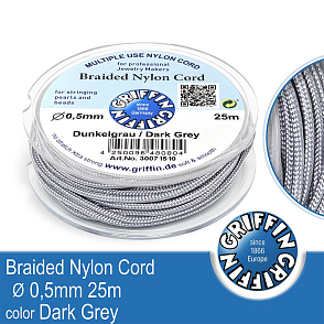 Braided NYLON (splétaná nit na náramky) GRIFFIN síla nitě 0,5mm cívka 25m. Barva Dark Grey..