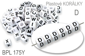 Korálky plastové KOSTIČKA. Písmeno D.  Velikost 6,0x6,0mm. Ozn. BPL 175Y. Balení 10Ks. 