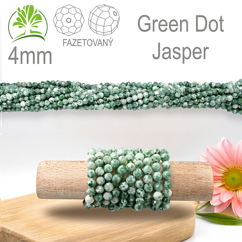 Korálky z minerálů Green Dot Jasper Fazetovaný přírodní polodrahokam. Velikost pr.4mm. Balení 95Ks.