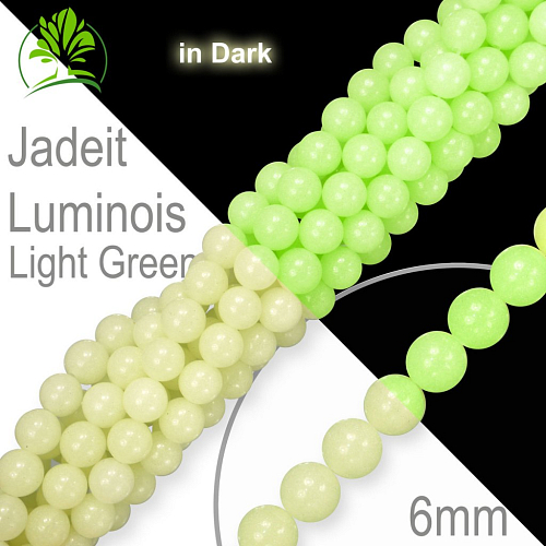Korálky z minerálů Jadeit Luminois Light Green přírodní polodrahokam. Velikost pr.6mm. Balení 12Ks. Korálky ve tmě fosforeskují (svítí).