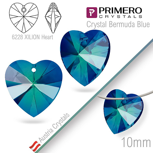 Korálky PRIMERO Crystals. Tvar 6228 XILION Heart. Barva Crystal Bermuda Blue. Velikost 10mm