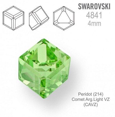 SWAROVSKI 4841 Angled Cube (zkosená kostka) barva Peridot (214) Comet Arg.Light VZ (CAVZ) velikost 4mm.