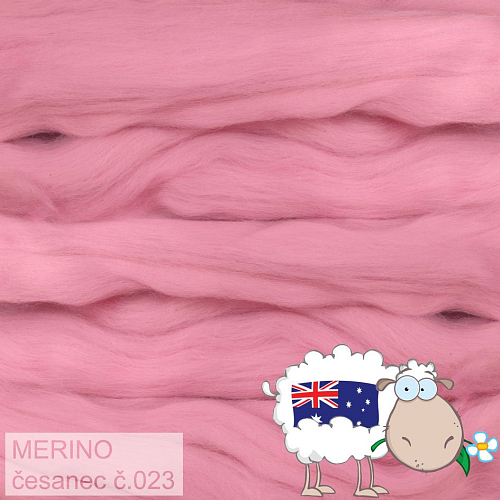 Česanec australské merino (20-21 - mikronů), vlna na plstění a předení. Barva 023 SVĚTLÁ RŮŽOVÁ. Balení 20g. 