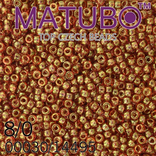 Korálky MATUBO™ mačkané rokajlové korálky. Velikost 8/0 (3,1mm). Barva 00030/14495 KRYSTAL+ČERVENÝ LISTR. Balení 10g