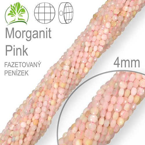 Korálky z minerálů Morganit Pink přírodní polodrahokam. Velikost pr.4mm tl. 2,5mm tvar penízek z čelních stran fazetovaný. Balení 108Ks