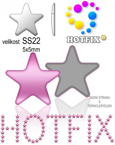 Kovové NAILHEAD HOTFIX nažehlovací polotovary. STAR Velikost SS22 (4,90-5,10mm) Tl.0,6mm. Barva 037 SVĚTLE FIALOVÁ  (lesklá ocelová). Balení 50Ks.