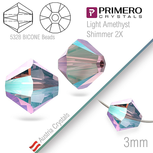 Korálky PRIMERO Crystals . Tvar 5328 Bicone BEADS. Barva Light Amethyst Shimmer 2X. Velikost 3mm balení-25Ks.