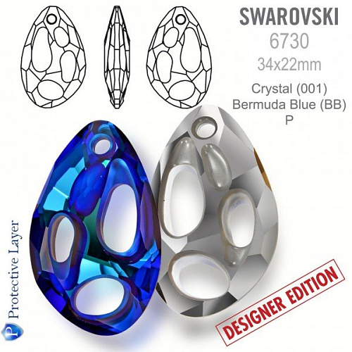 Swarovski 6730 Radiolarian Pendant PF velikost 34x22mm. Barva Crystal Bermuda Blue P
