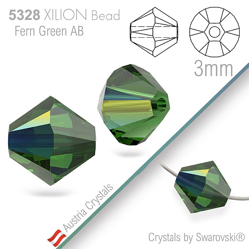 SWAROVSKI  XILION Bead  5328 barva Fern Green Aurore Boreale velikost 3mm. Balení 25Ks