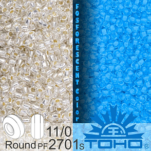 Korálky TOHO tvar ROUND (kulaté). Velikost 11/0. Barva č.PF2701S-Glow In The Dark - Silver Line Crystal/Blue Splash . Balení 8g.