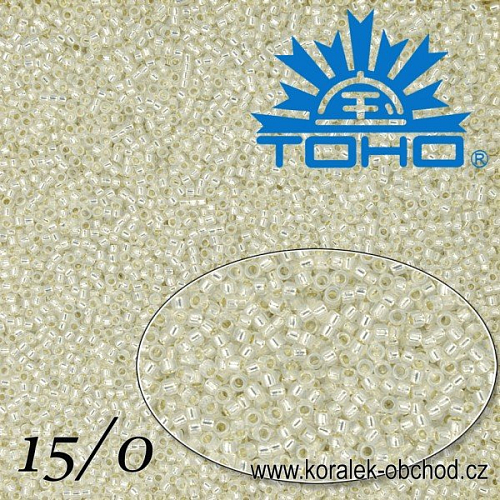Korálky TOHO tvar ROUND (kulaté). Velikost 15/0. Barva č. 2100-Silver-Lined Milky White. Balení 5g.