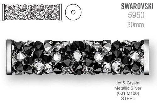 Swarovski 5950 Fine Rocks Tube barva Jet & Crystal Metallic Silver (001 M100) STEEL velikost 6x30mm