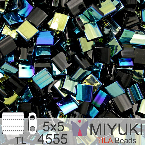 Korálky MIYUKI tvar TILA BEADS velikost 5x5mm. Barva TL-4555 Jet/AB . Balení 5g.