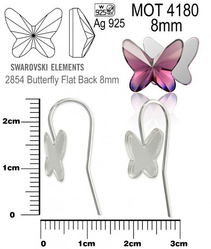 NÁUŠNICE na Swarovski 2854 Butterfly Flat Back 8mm ozn MOT 4180. Materiál STŘÍBRO AG925.váha 0,45g.
