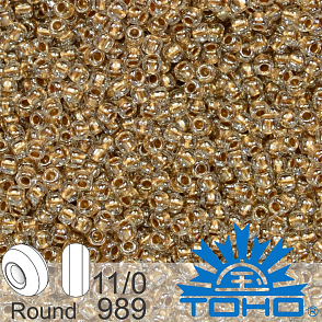 Korálky TOHO tvar ROUND (kulaté). Velikost 11/0. Barva č. 989 Gold-Lined Crystal. Balení 8g.