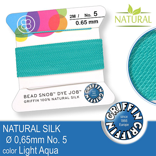 Hedvábná nit s jehlou GRIFFIN síla nitě 0,65mm No.5 délka 2m. Barva Light Aqua.