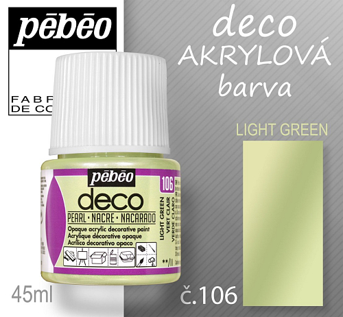 Barva AKRYLOVÁ perleťová Pébeo DECO. Odstín č.106 LIGHT GREEN. Balení 45 ml.
