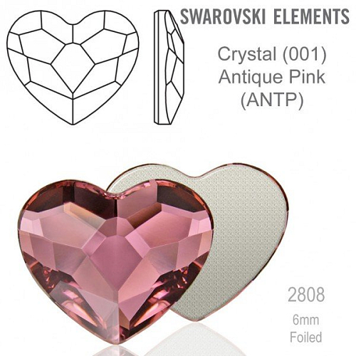 SWAROVSKI 2808 Heart Flat Back Foiled velikost 6mm. Barva Crystal Antique Pink 