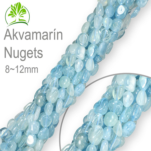 Korálky z minerálů Nugets velikost 6-10mm Akvamarín. Balení 40cm.