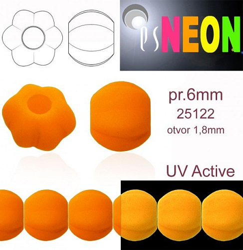 Korálky NEON (UV Active) MELOUN velikost pr.6mm barva 25122 ORANŽOVÁ. Balení 21Ks. 