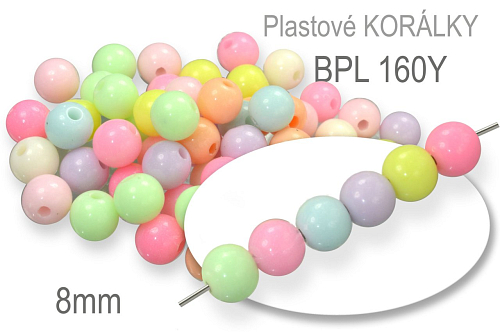 Korálky plastové PBL 160Y v různých barvách o průměru 8mm. Balení 25g (cca.100Ks).