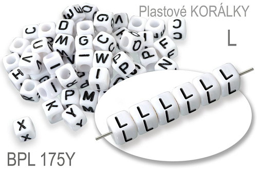 Korálky plastové KOSTIČKA. Písmeno L.  Velikost 6,0x6,0mm. Ozn. BPL 175Y. Balení 10Ks. 