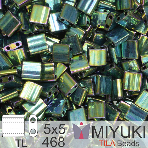 Korálky MIYUKI tvar TILA BEADS velikost 5x5mm. Barva TL-468 Metallic Malachite Green Iris. Balení 3g.