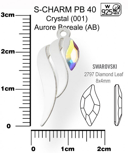 Přívěsek tvar KŘÍDLO PB 40+Swarovski 2797 Crystal (001) Aurore Boreale (AB). Materiál Ag925. Váha Ag 0,62g