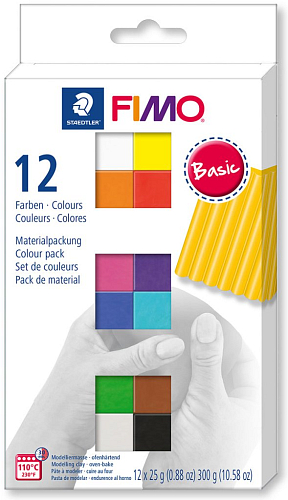 FIMO soft Basic v balení 12 barevných bloků FIMO po 25g.