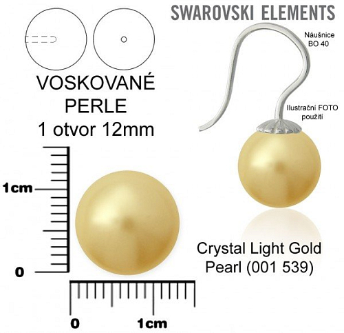 SWAROVSKI 5818 Voskované Perle 1otvor barva 539 CRYSTAL LIGHT GOLD PEARL velikost 12mm.