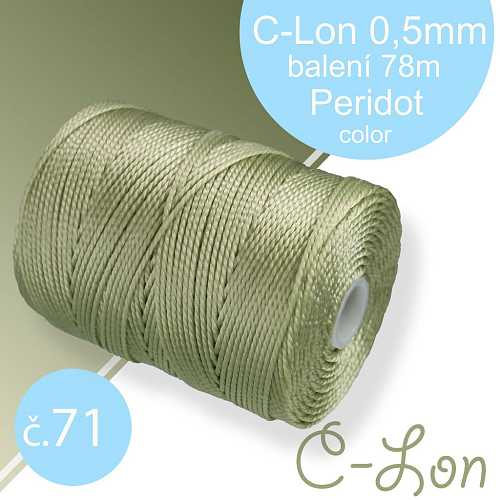Nylonová nit C-Lon pevná korálková nit. Barva 71 Peridot Síla nitě 0,5mm. Balení 78m na cívce.